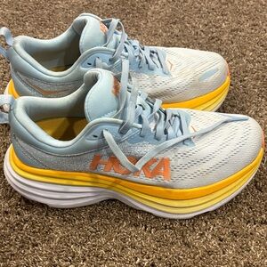 Hoka Bondi 8 Wide Women's Sky Blue and Orange Athletic Shoes